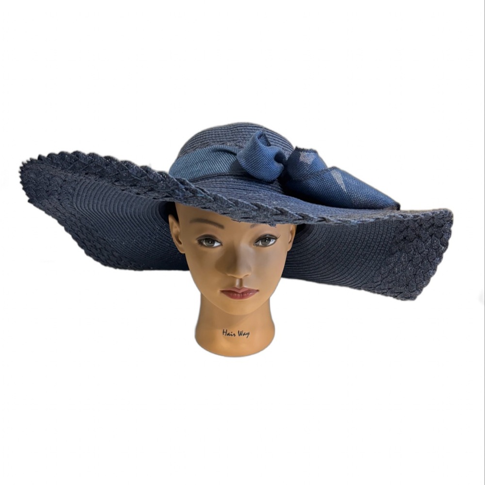 NWT Blue Straw Sun Hat with Ribbon Bow